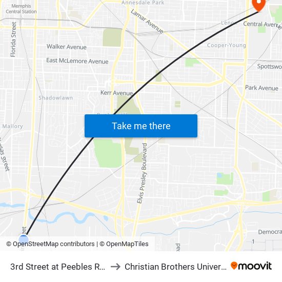 3rd Street at Peebles Road to Christian Brothers University map