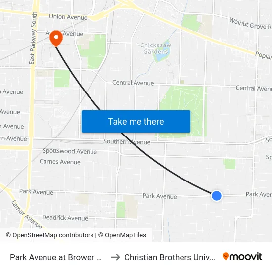 Park Avenue at Brower Street to Christian Brothers University map