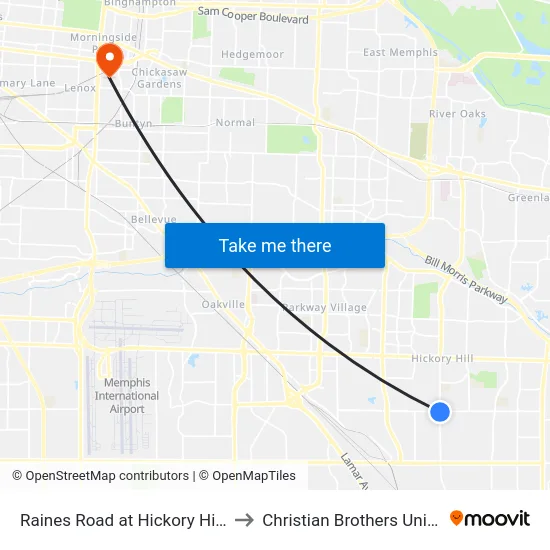 Raines Road at Hickory Hill Road to Christian Brothers University map