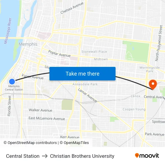 Central Station to Christian Brothers University map