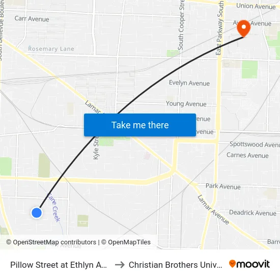 Pillow Street at Ethlyn Avenue to Christian Brothers University map