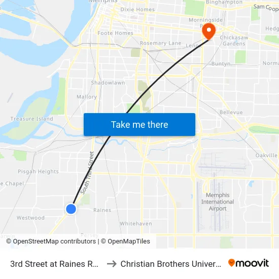 3rd Street at Raines Road to Christian Brothers University map