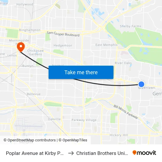 Poplar Avenue at Kirby Parkway to Christian Brothers University map