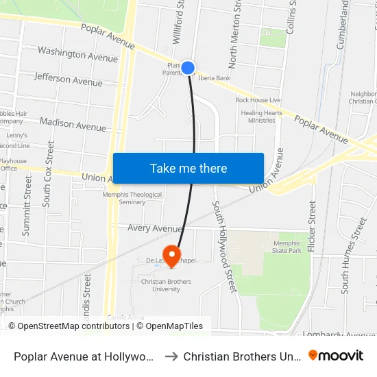 Poplar Avenue at Hollywood Street to Christian Brothers University map