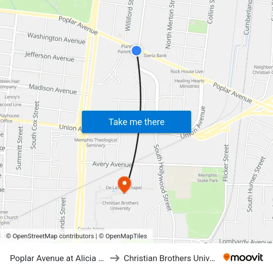 Poplar Avenue at Alicia Drive to Christian Brothers University map
