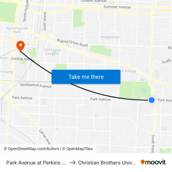 Park Avenue at Perkins Road to Christian Brothers University map