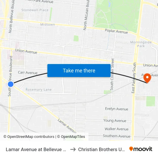 Lamar Avenue at Bellevue Boulevard to Christian Brothers University map