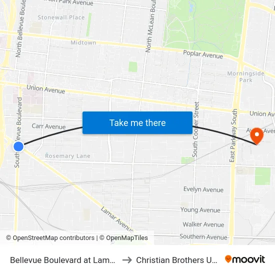 Bellevue Boulevard at Lamar Avenue to Christian Brothers University map