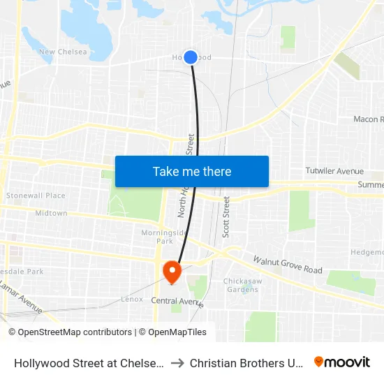 Hollywood Street at Chelsea Avenue to Christian Brothers University map