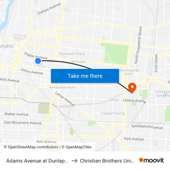 Adams Avenue at Dunlap Street to Christian Brothers University map