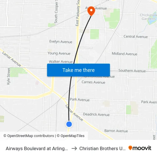 Airways Boulevard at Arlington Avenue to Christian Brothers University map