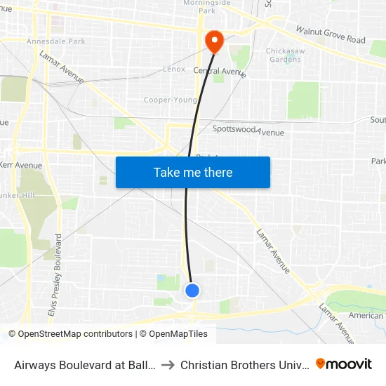 Airways Boulevard at Ball Road to Christian Brothers University map