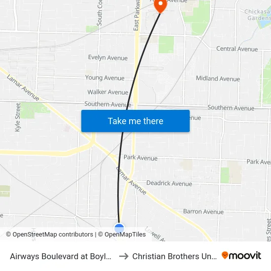 Airways Boulevard at Boyle Avenue to Christian Brothers University map