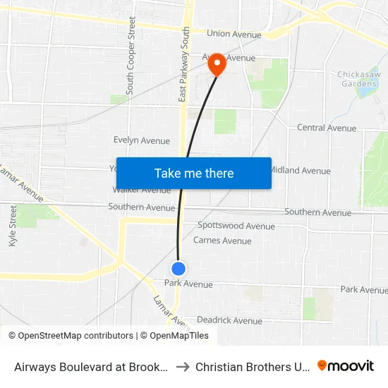 Airways Boulevard at Brooklyn Avenue to Christian Brothers University map