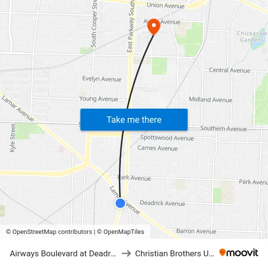 Airways Boulevard at Deadrick Avenue to Christian Brothers University map