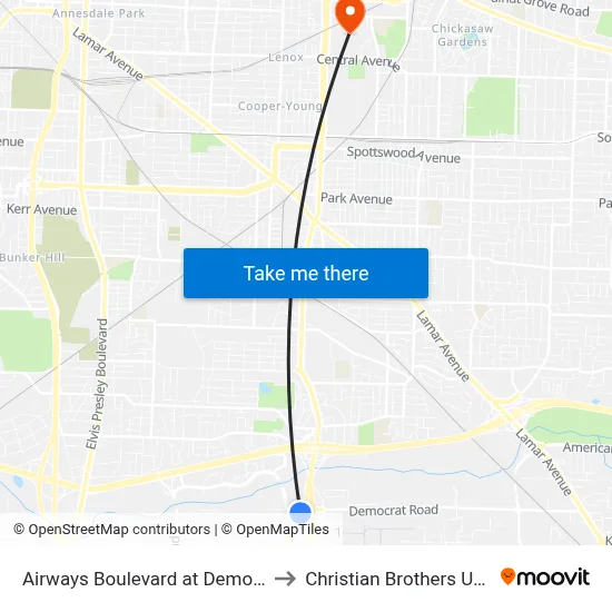 Airways Boulevard at Democrat Road to Christian Brothers University map