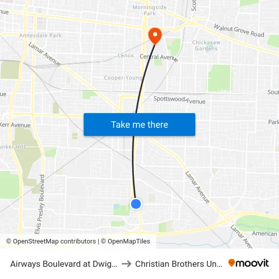 Airways Boulevard at Dwight Road to Christian Brothers University map
