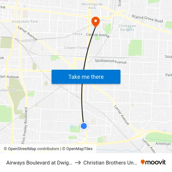 Airways Boulevard at Dwight Road to Christian Brothers University map