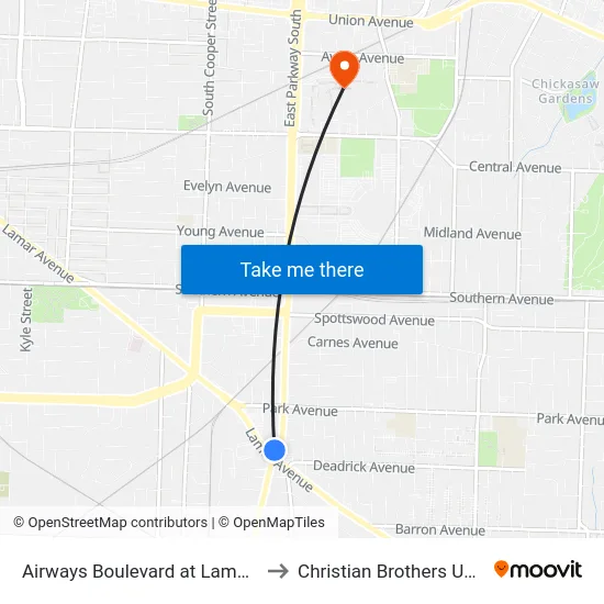 Airways Boulevard at Lamar Avenue to Christian Brothers University map
