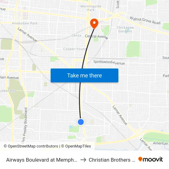 Airways Boulevard at Memphis Depot Pkwy to Christian Brothers University map