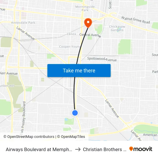 Airways Boulevard at Memphis Depot Pkwy to Christian Brothers University map