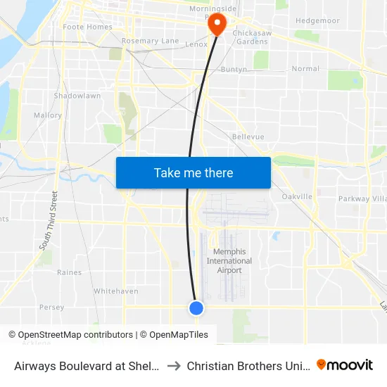 Airways Boulevard at Shelby Drive to Christian Brothers University map
