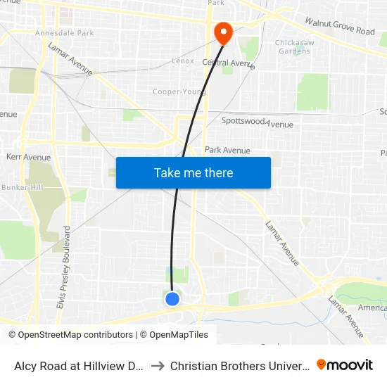 Alcy Road at Hillview Drive to Christian Brothers University map