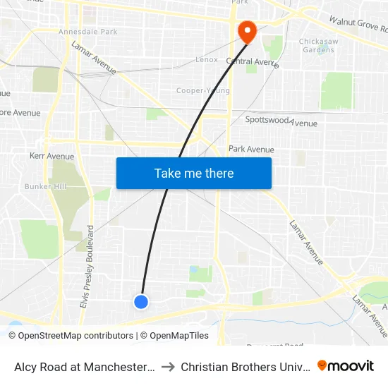 Alcy Road at Manchester Road to Christian Brothers University map