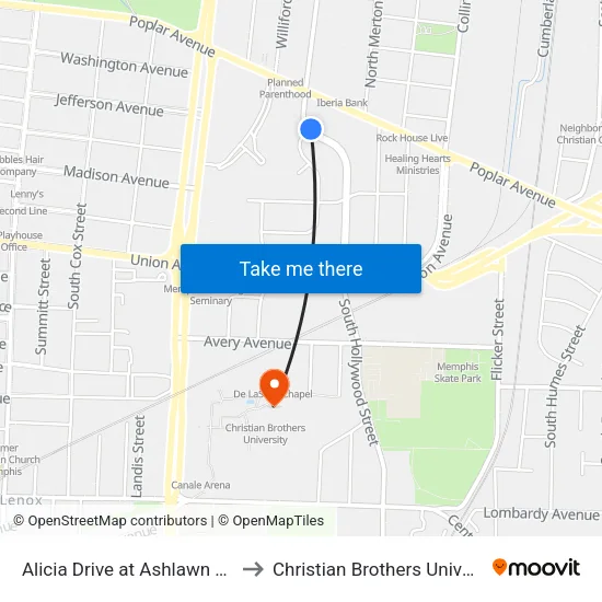 Alicia Drive at Ashlawn Road to Christian Brothers University map