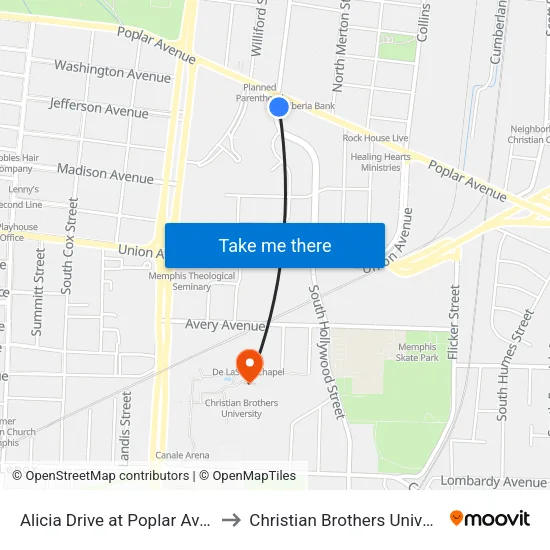 Alicia Drive at Poplar Avenue to Christian Brothers University map