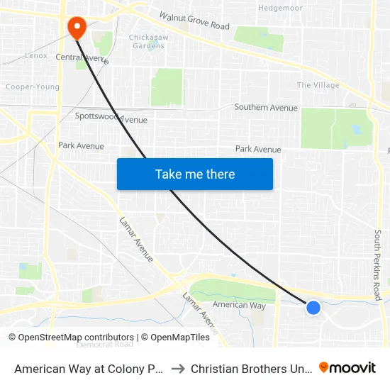 American Way at Colony Park Drive to Christian Brothers University map