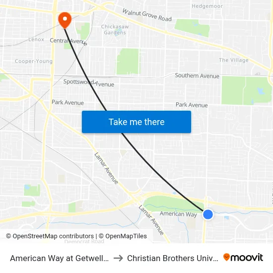 American Way at Getwell Road to Christian Brothers University map