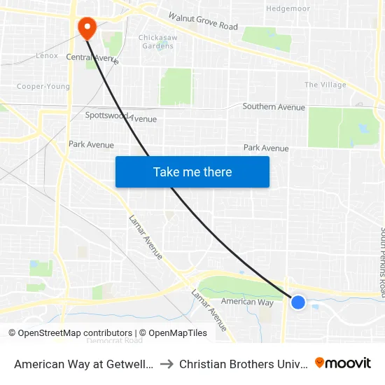 American Way at Getwell Road to Christian Brothers University map