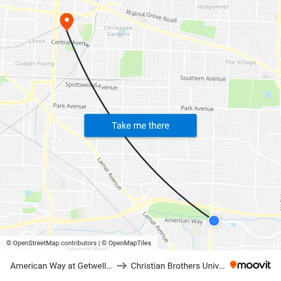 American Way at Getwell Road to Christian Brothers University map
