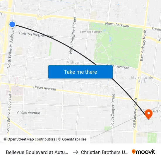 Bellevue Boulevard at Autumn Avenue to Christian Brothers University map