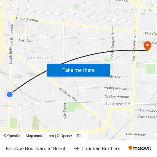 Bellevue Boulevard at Beechwood Avenue to Christian Brothers University map