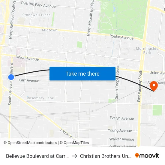 Bellevue Boulevard at Carr Avenue to Christian Brothers University map
