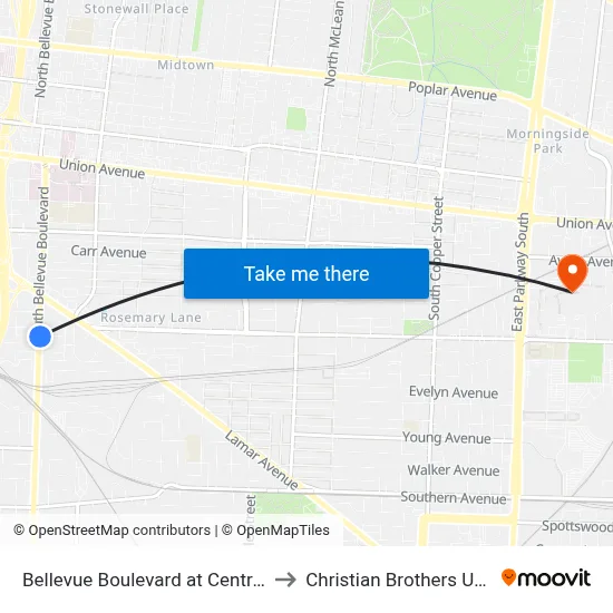 Bellevue Boulevard at Central Avenue to Christian Brothers University map