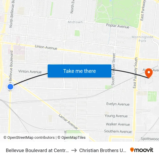 Bellevue Boulevard at Central Avenue to Christian Brothers University map