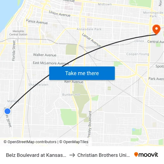 Belz Boulevard at Kansas Street to Christian Brothers University map