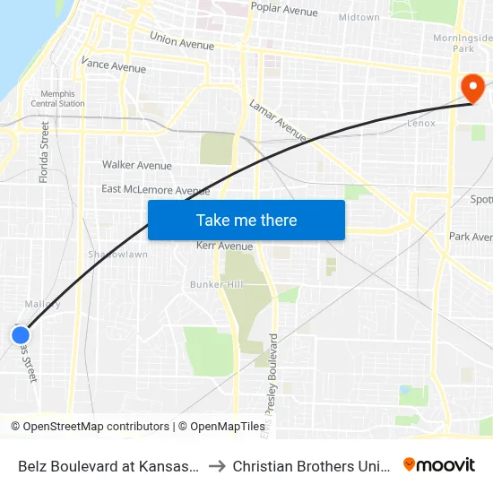 Belz Boulevard at Kansas Street to Christian Brothers University map