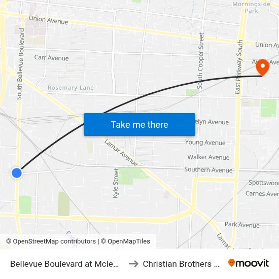 Bellevue Boulevard at Mclemore Avenue to Christian Brothers University map