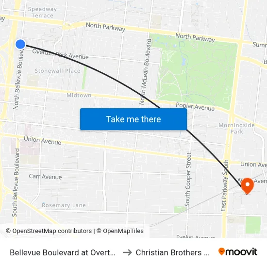 Bellevue Boulevard at Overton Park Ave to Christian Brothers University map