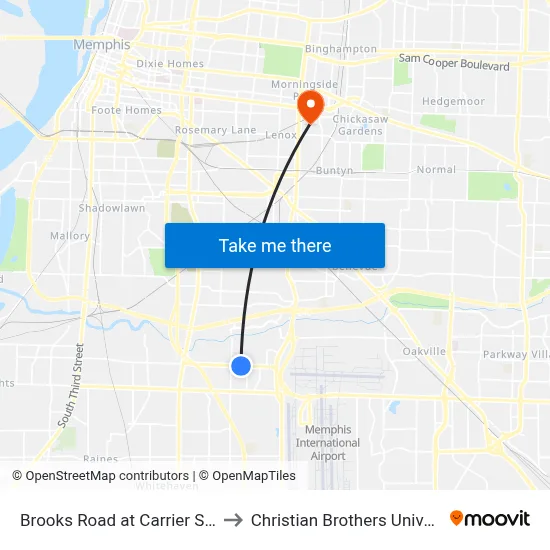 Brooks Road at Carrier Street to Christian Brothers University map