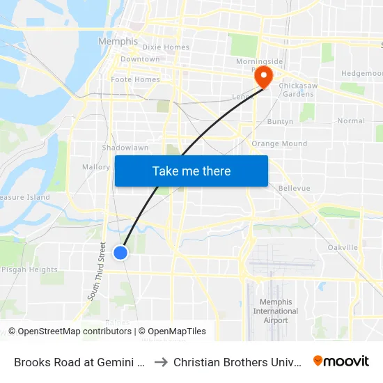 Brooks Road at Gemini Drive to Christian Brothers University map