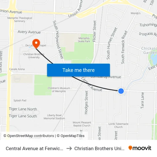 Central Avenue at Fenwick Road to Christian Brothers University map