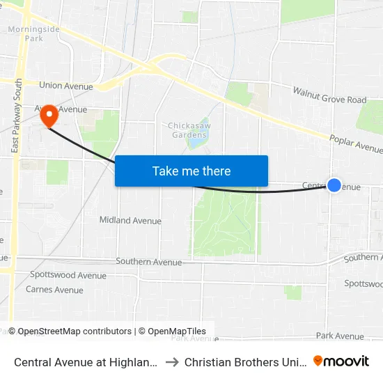 Central Avenue at Highland Street to Christian Brothers University map