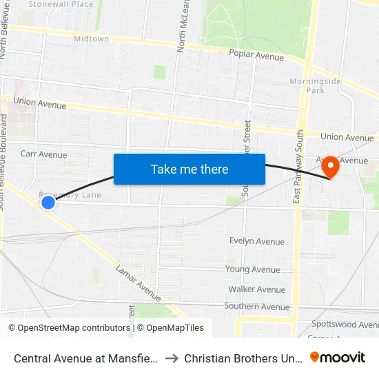 Central Avenue at Mansfield Street to Christian Brothers University map