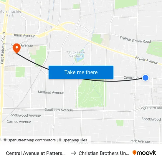 Central Avenue at Patterson Street to Christian Brothers University map