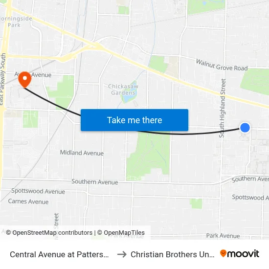 Central Avenue at Patterson Street to Christian Brothers University map